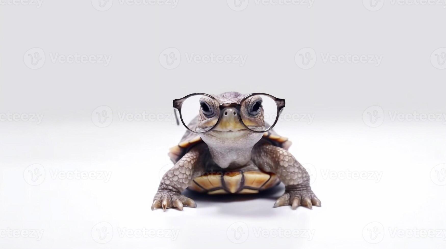 A tortoise wearing glasses is shown with a white background. - photo