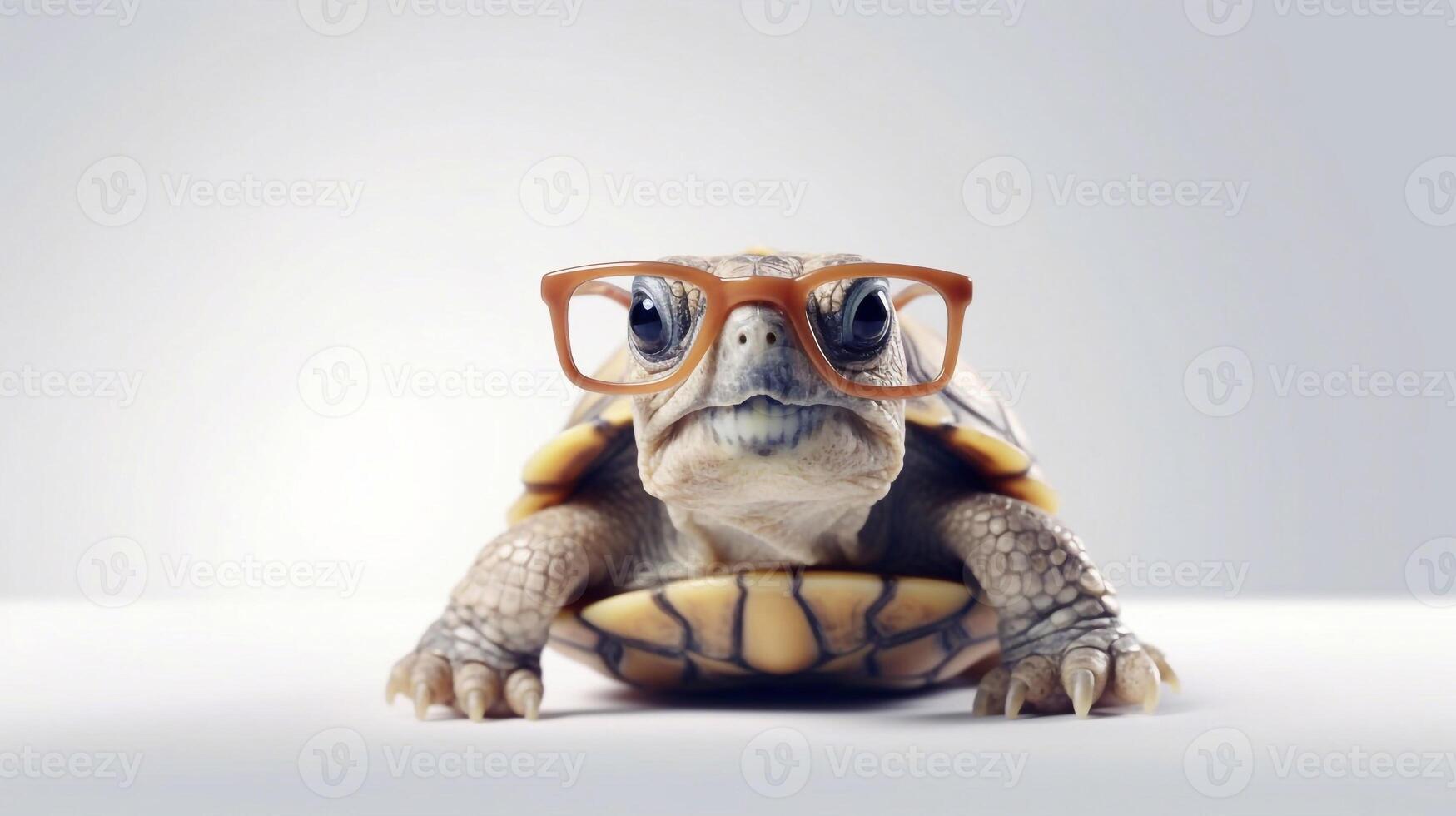 A tortoise wearing glasses is shown with a white background. - photo