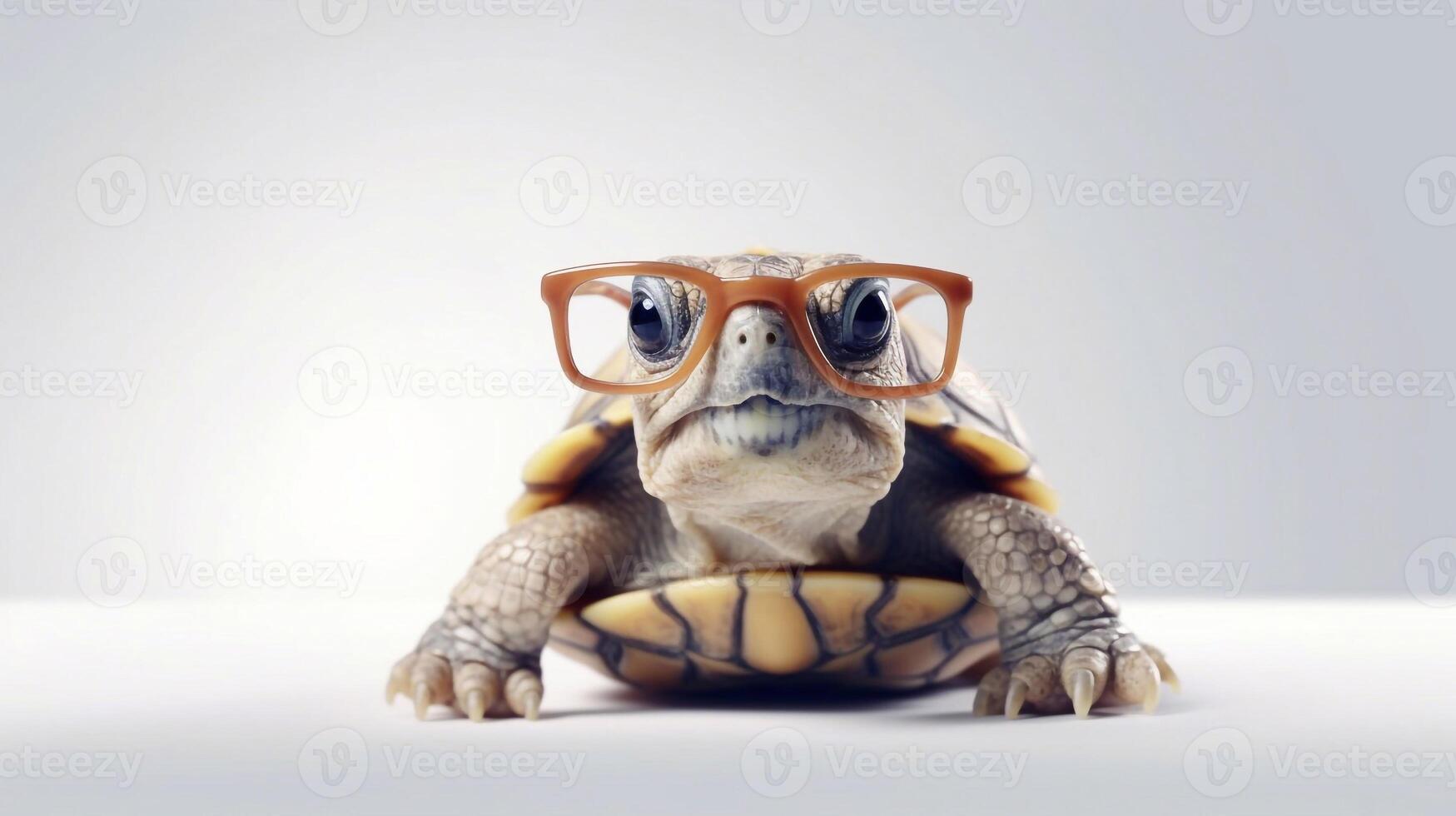 un tortuga vistiendo lentes es mostrado con un blanco antecedentes. - generativo ai foto