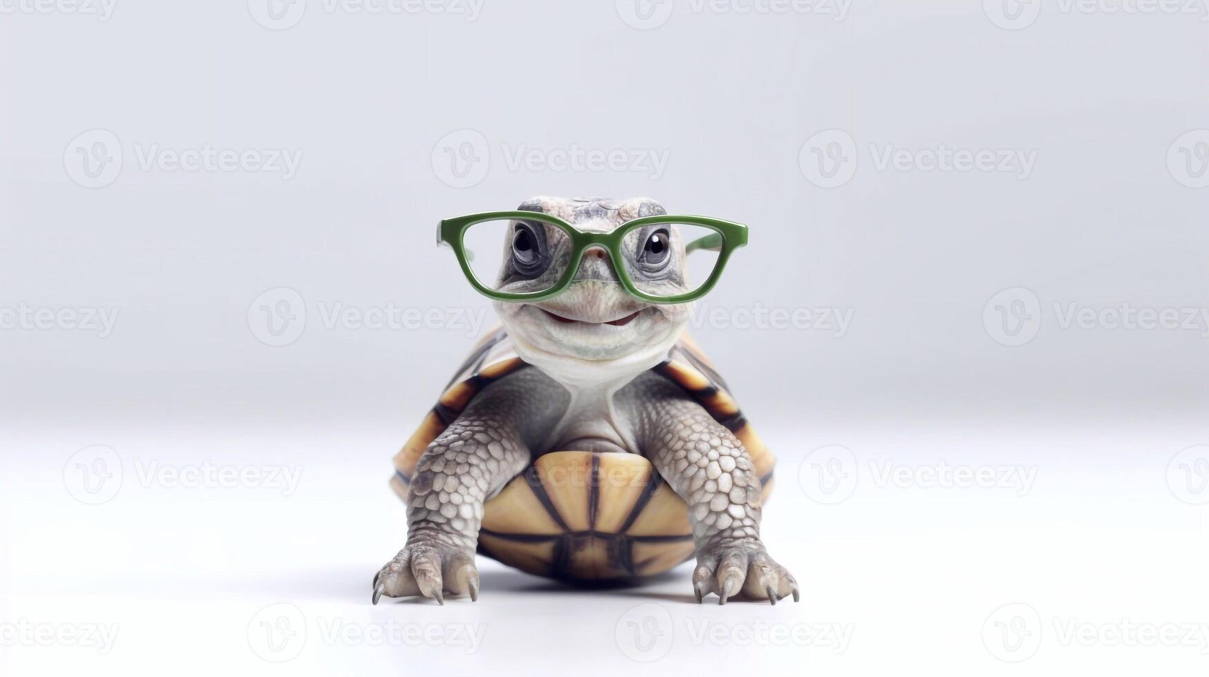 A tortoise wearing glasses is shown with a white background. - photo