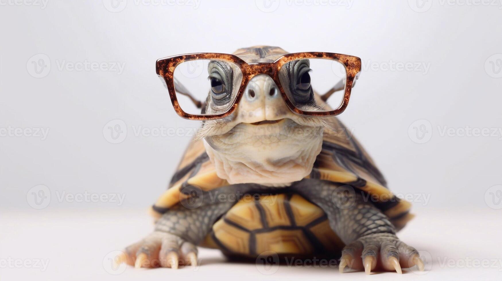 un tortuga vistiendo lentes es mostrado con un blanco antecedentes. - generativo ai foto