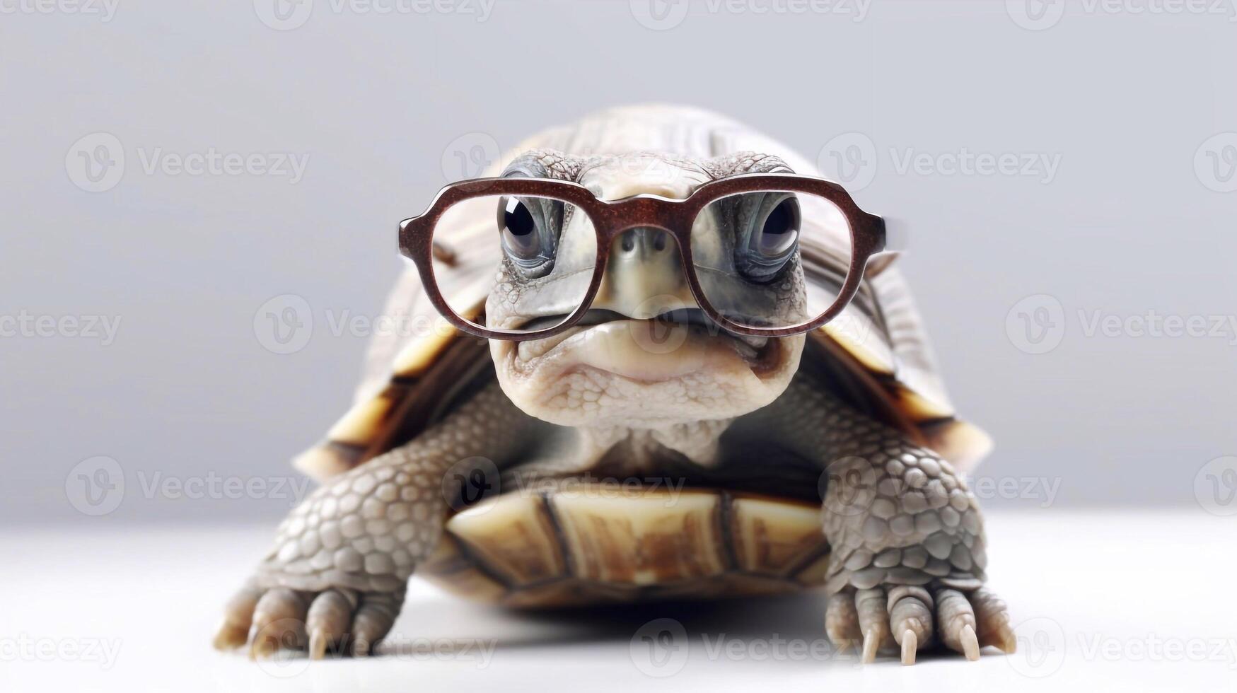 A tortoise wearing glasses is shown with a white background. - photo