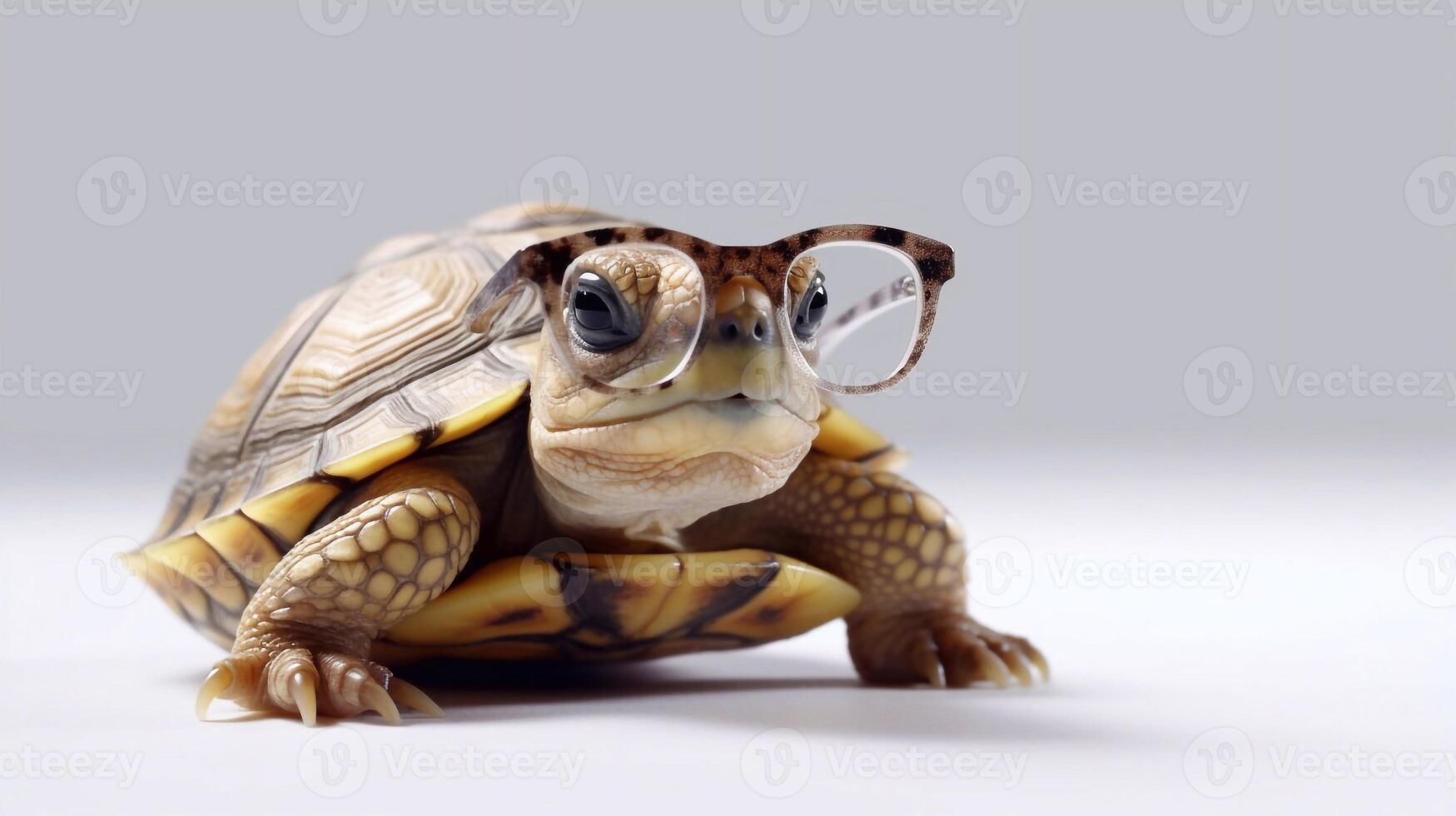 A tortoise wearing glasses is shown with a white background. - photo