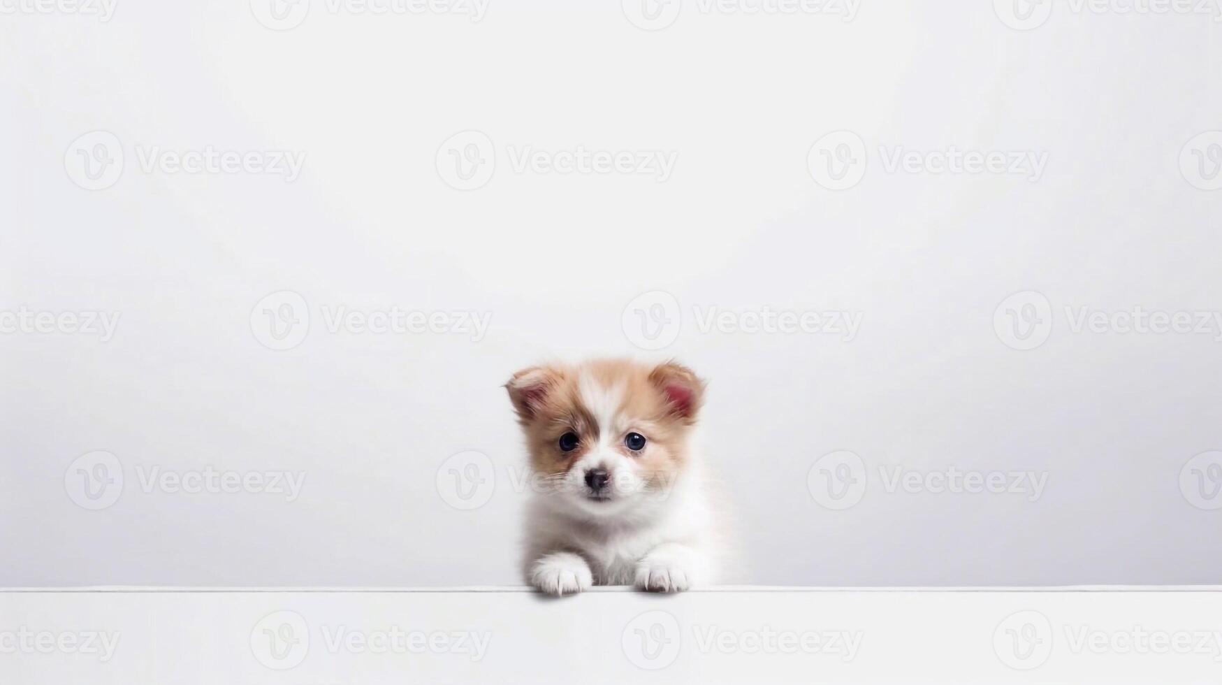 A puppy that is sitting down with its head up on white background - photo
