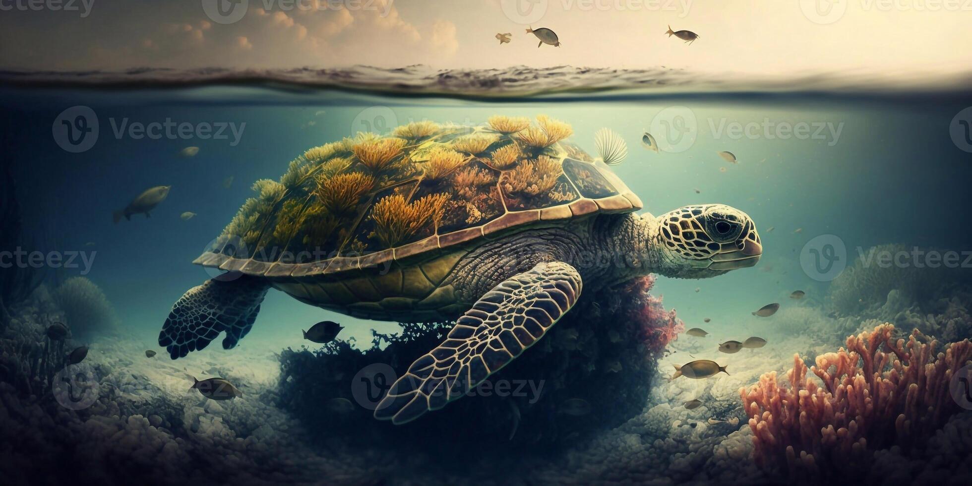 Turtle submerged underwater with broken coral reef in the background - photo