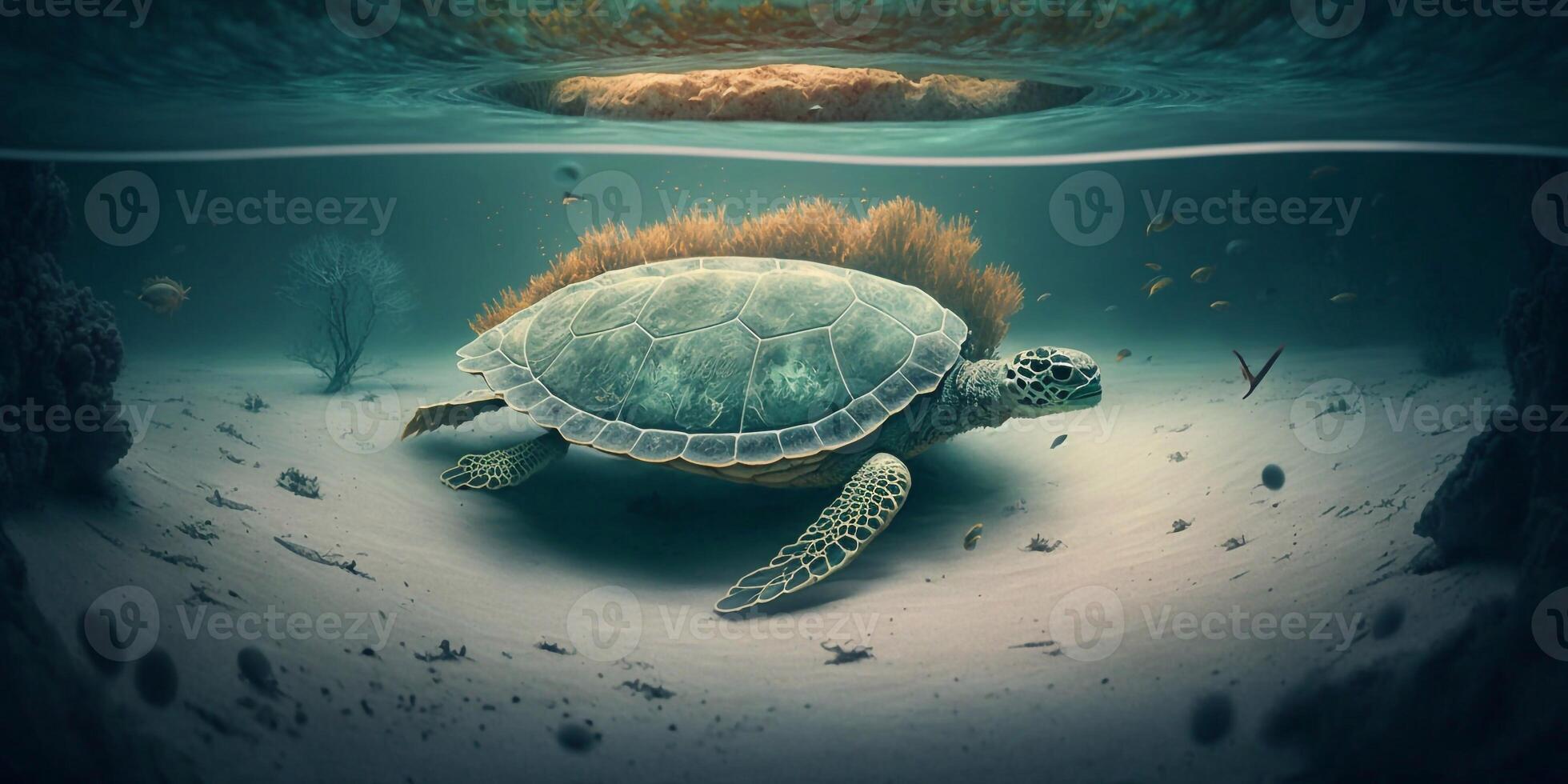 Turtle submerged underwater with broken coral reef in the background - photo