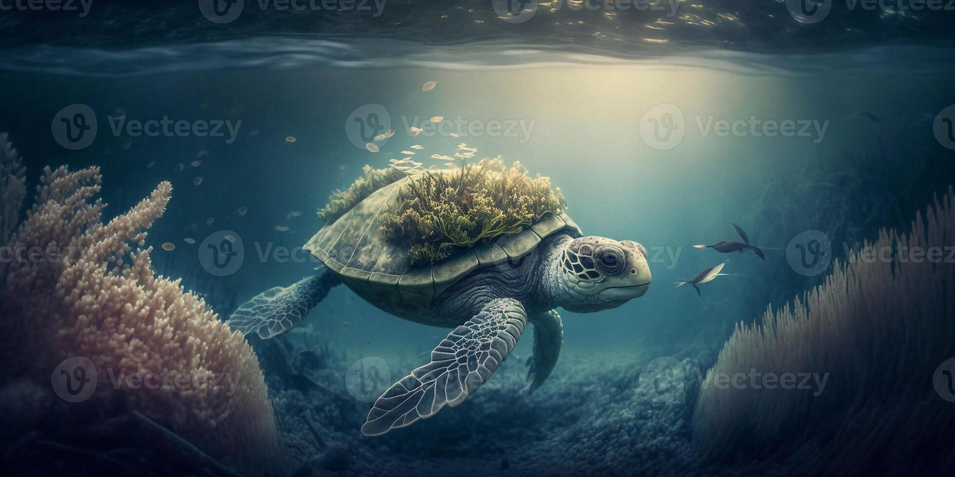 Turtle submerged underwater with broken coral reef in the background - photo