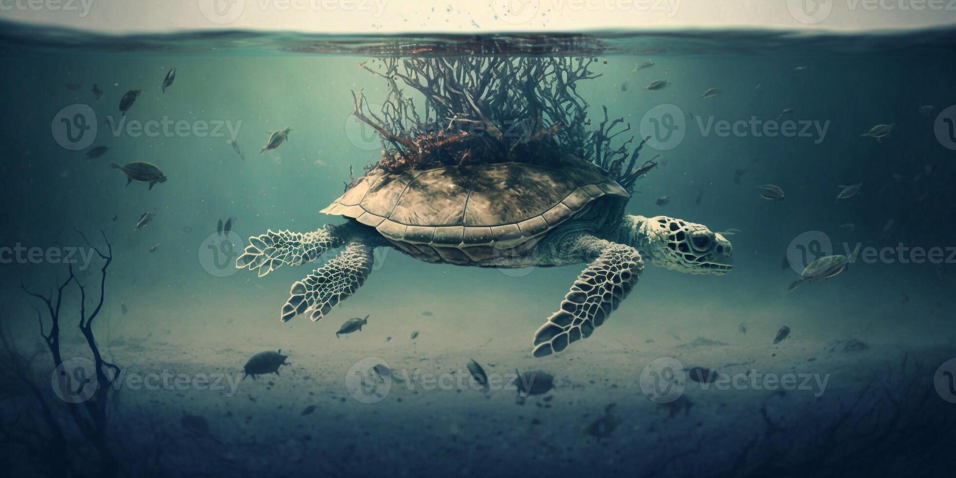 Turtle submerged underwater with broken coral reef in the background - photo