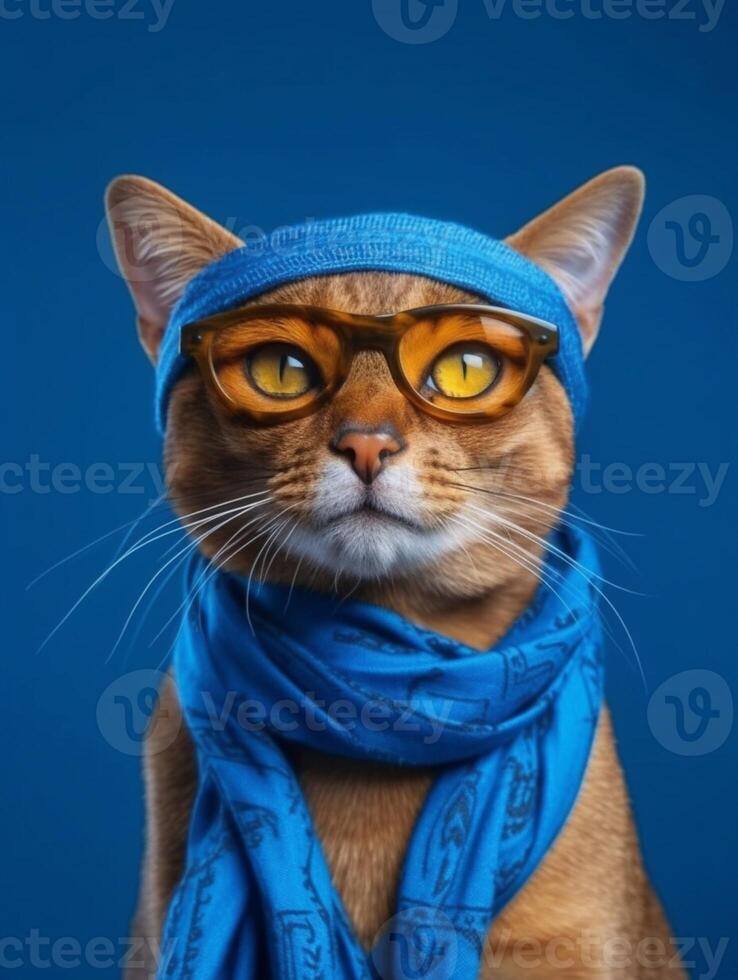 Portrait of a cat in blue sunglasses and scarf on blue background. photo