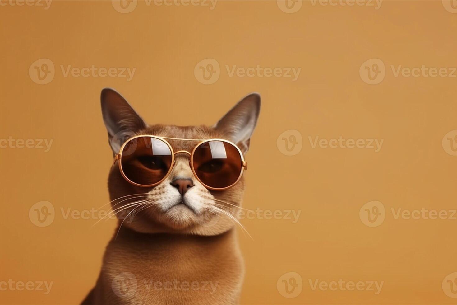 Portrait of a young abyssinian cat wearing brown sunglasses. photo