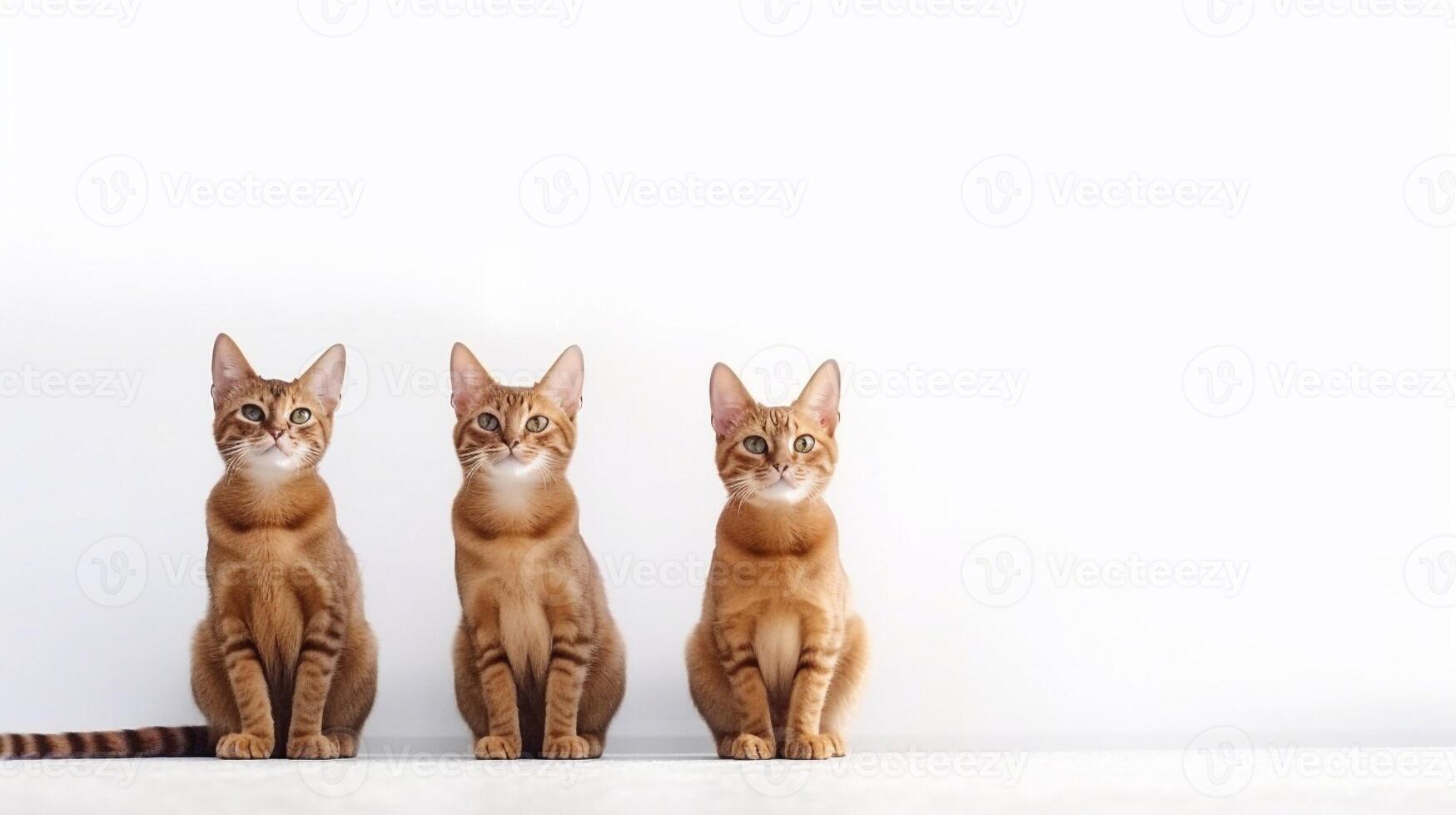 Group of Abyssinian cats sitting on white background. Copy space. photo