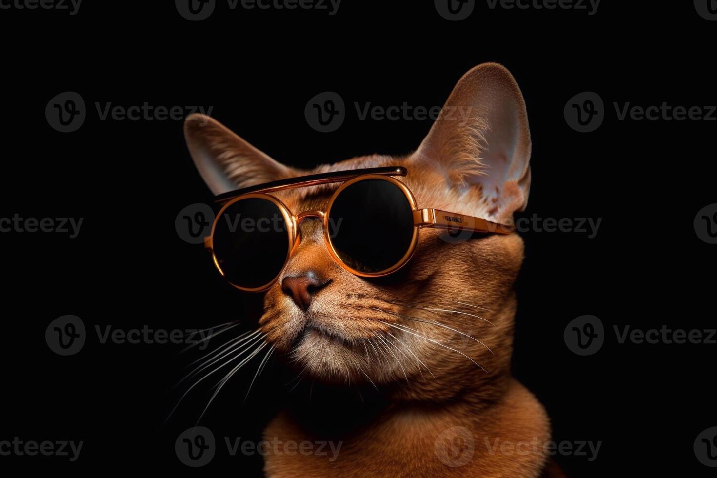 Portrait of a young abyssinian cat wearing brown sunglasses. photo