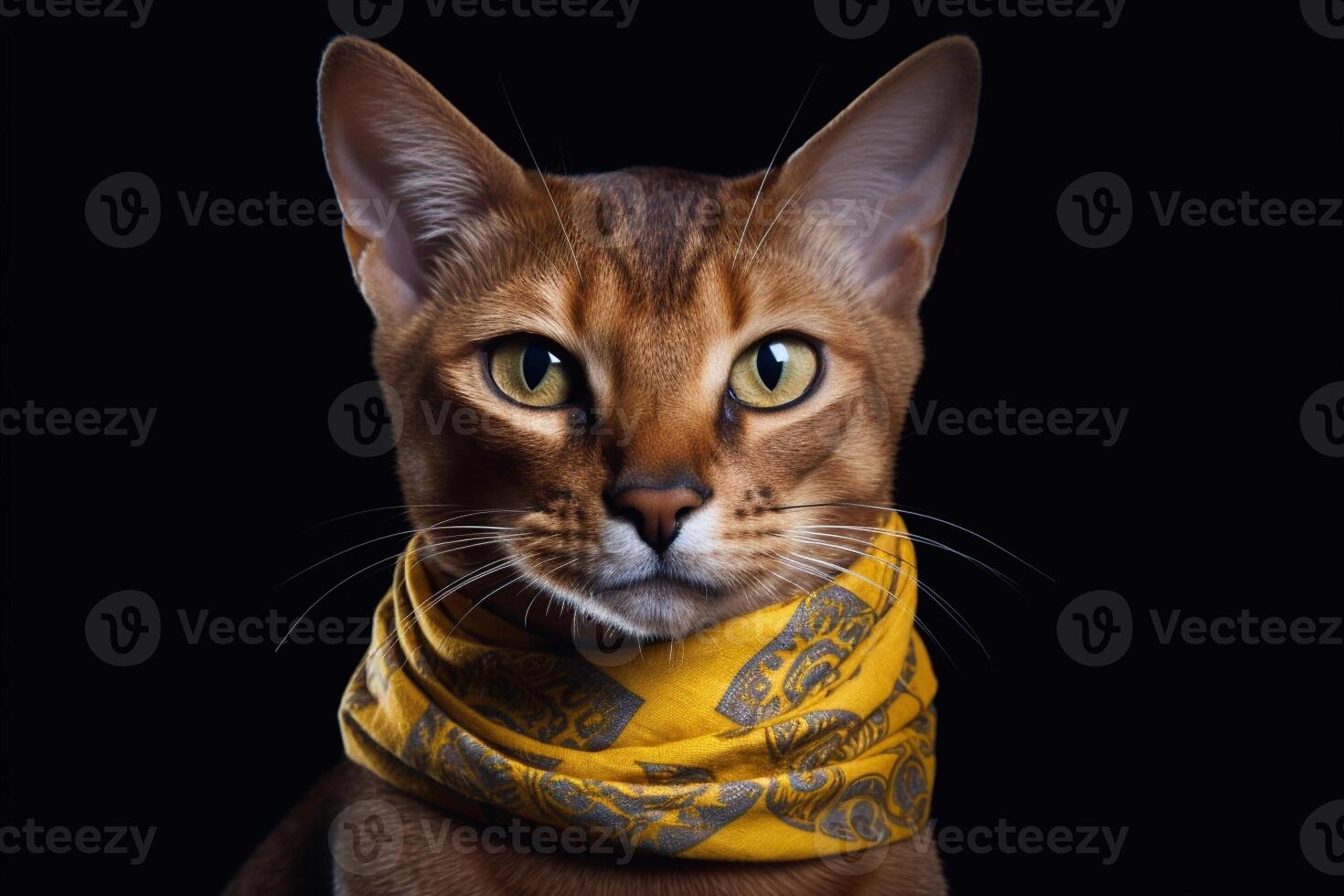 Portrait of Beautiful Abyssinian Cat with yellow eyes in a scarf. photo