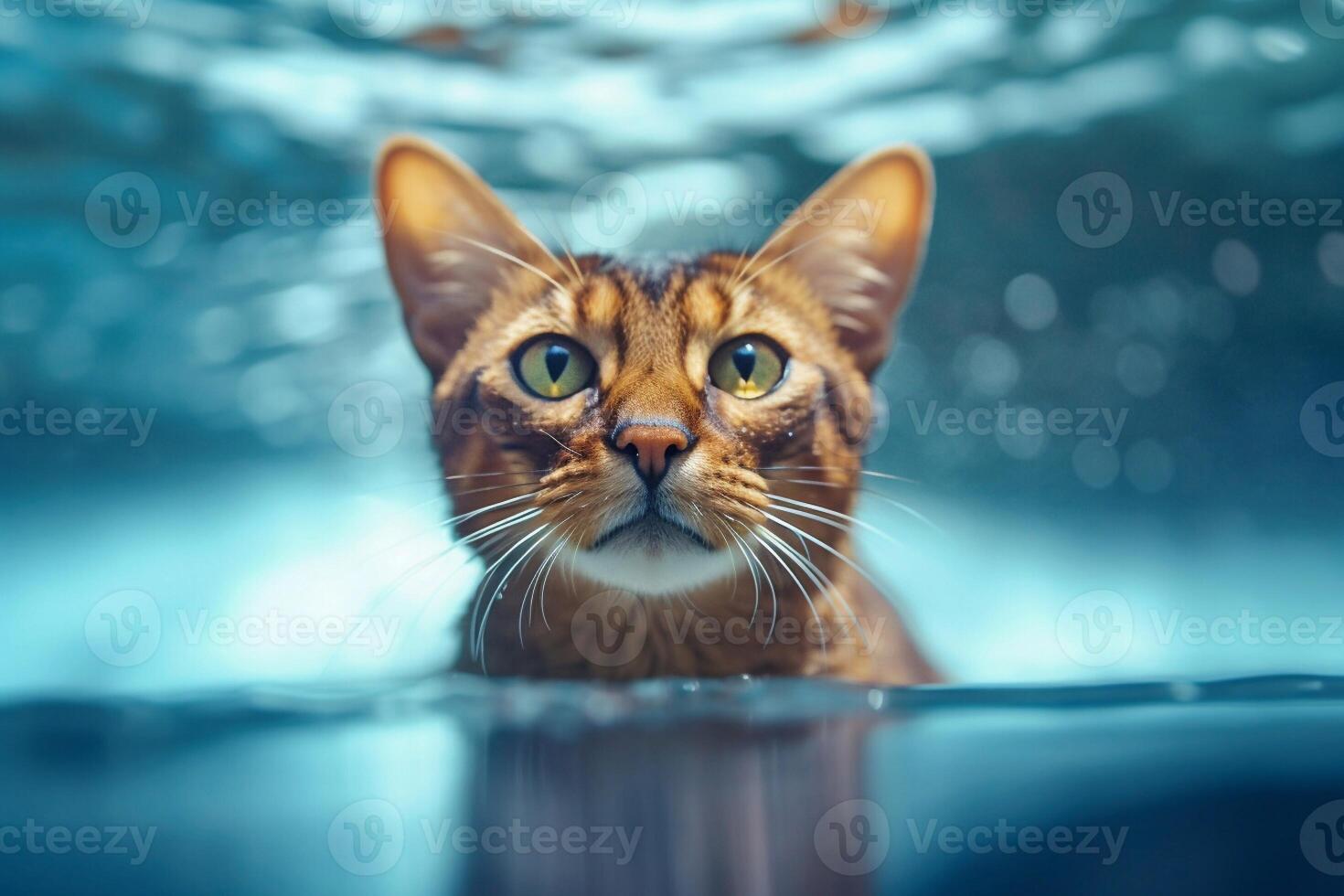 Portrait of Abyssinian cat looking at camera while swimming in water - photo