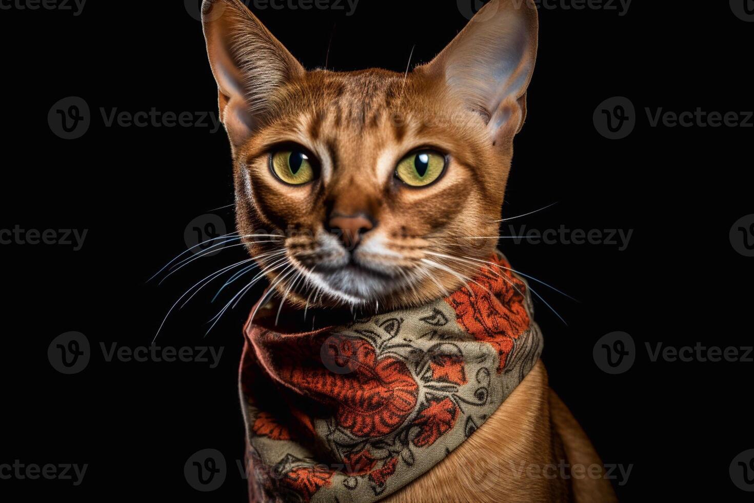 Portrait of Beautiful Abyssinian Cat with yellow eyes in a scarf. photo