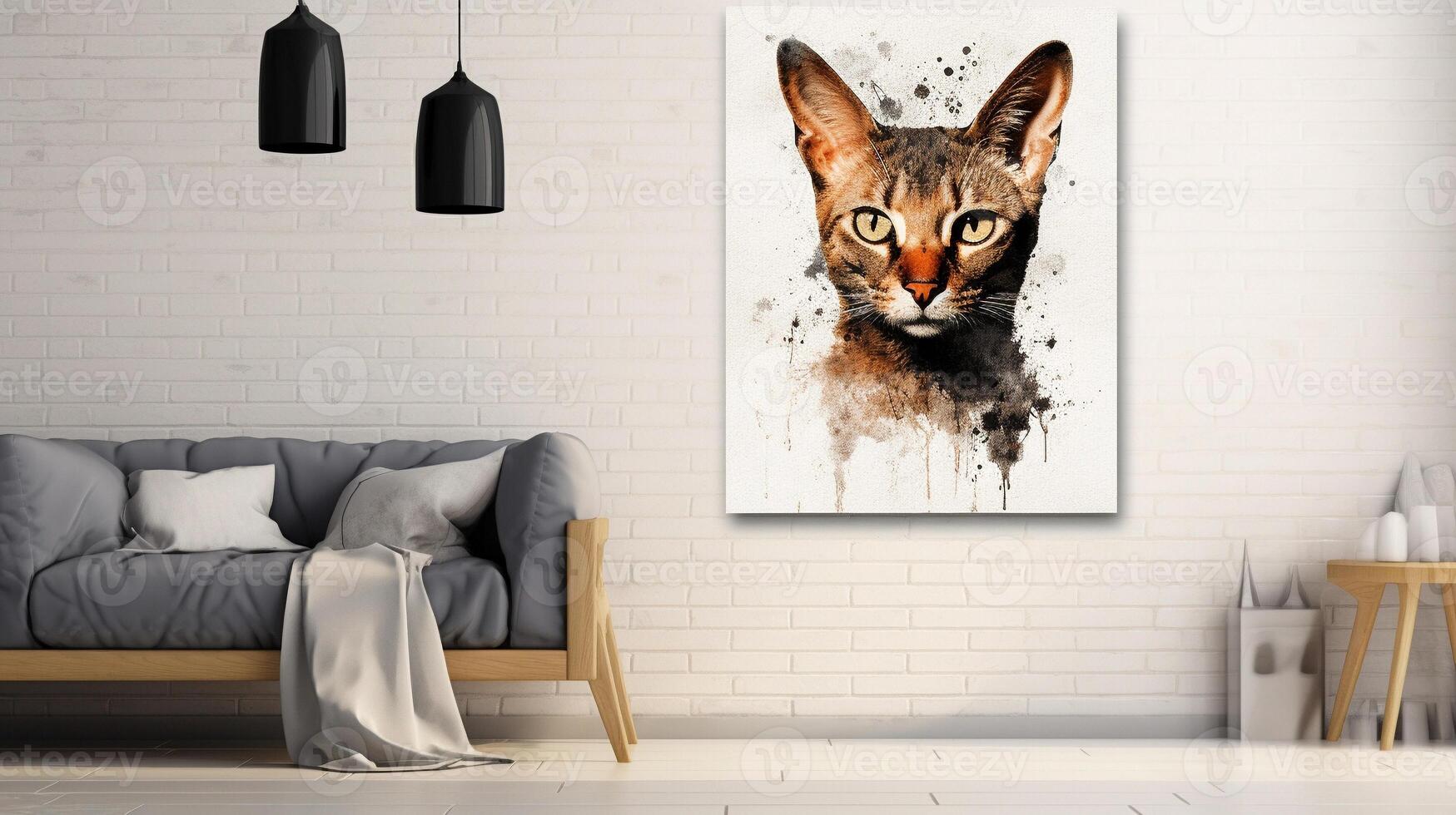 Modern interior design with cat picture on wall, 3d render illustration photo