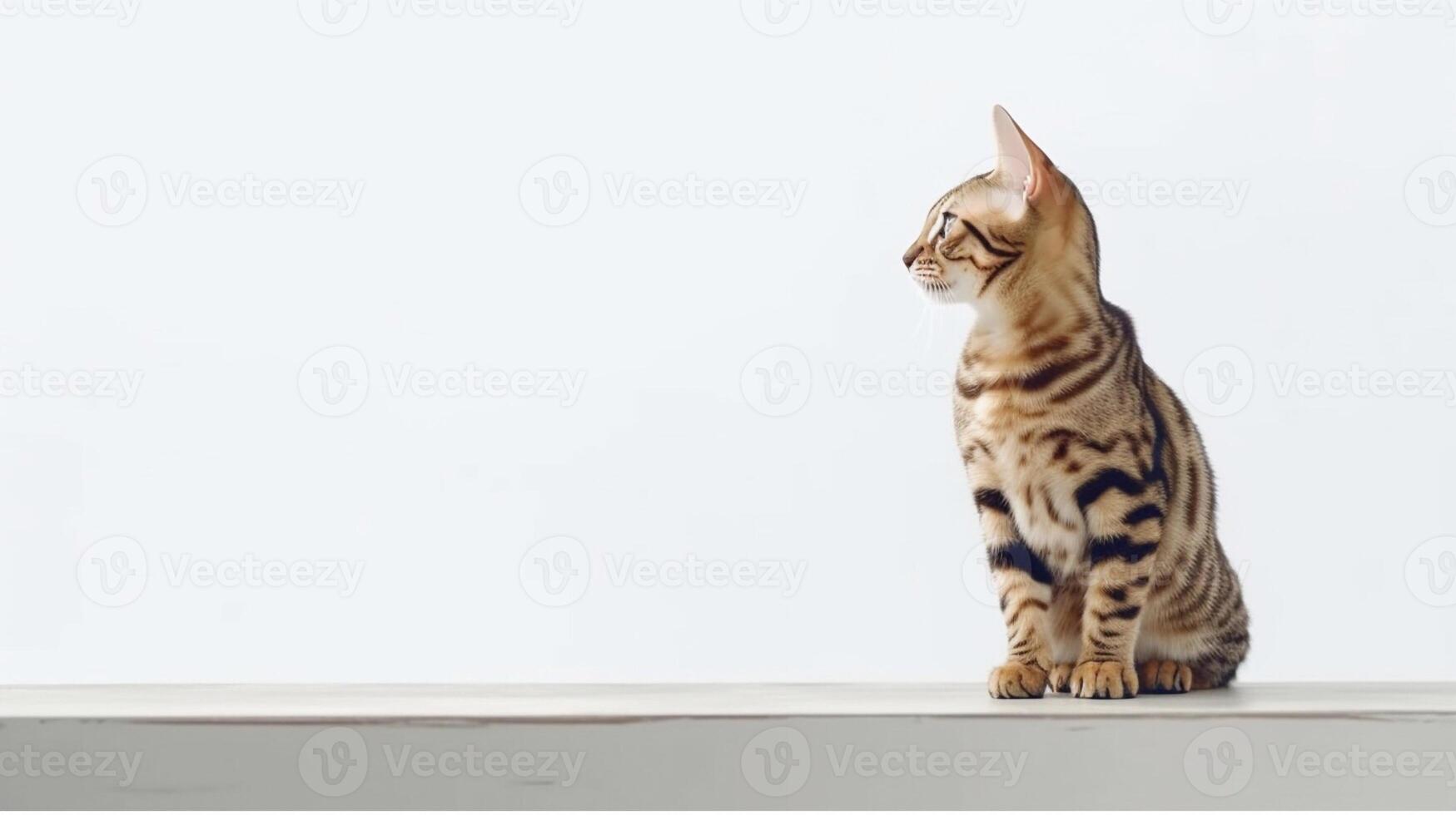 Cute bengal cat on white background. Copy space. photo