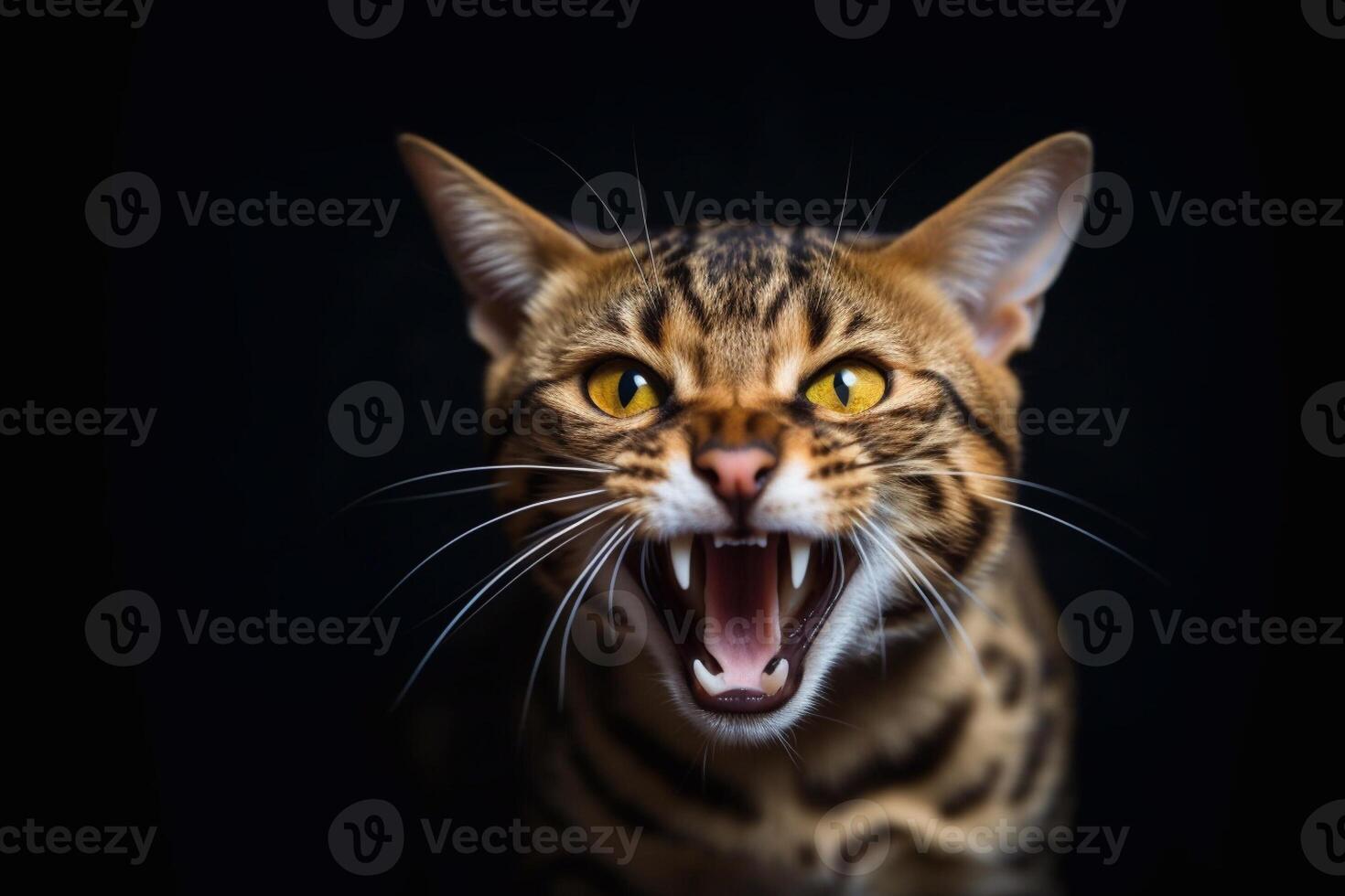 linda Bengala gato sentado en negro antecedentes y mirando a cámara. generativo ai foto