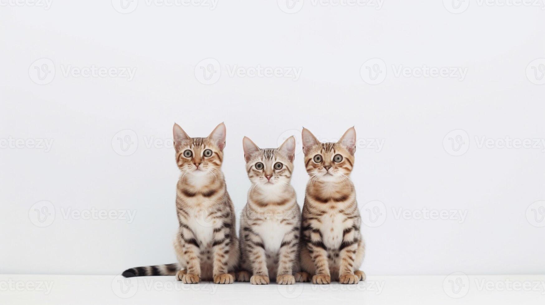 Three bengal kittens sitting in a row on a white background. photo