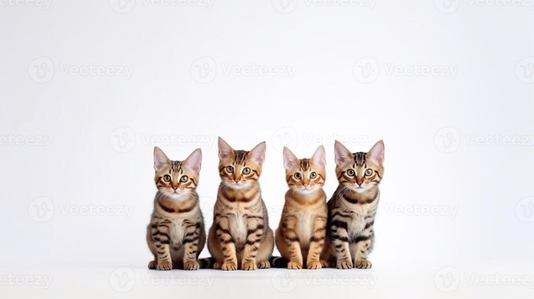 Three bengal kittens sitting in a row on a white background. photo