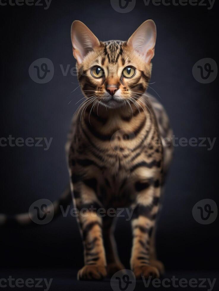 Studio photography of a bengal cat on colored backgrounds, spotlights. photo