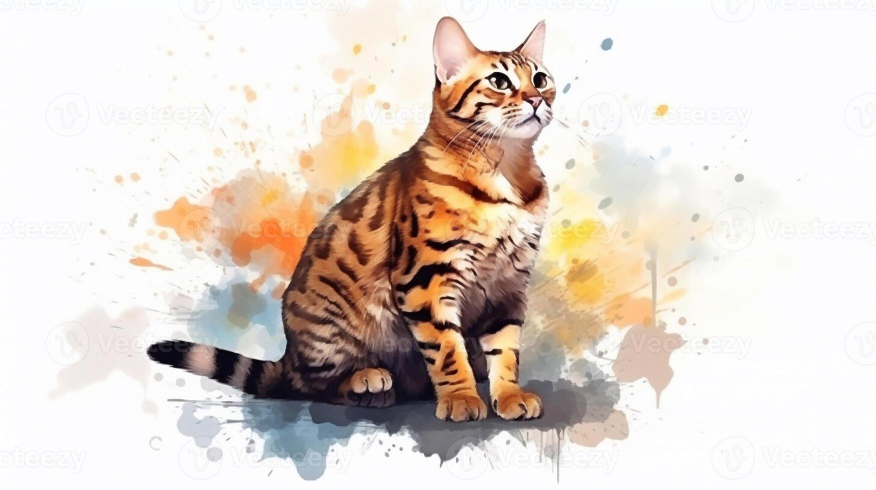 Bengal cat. Digital watercolor painting on white background. photo