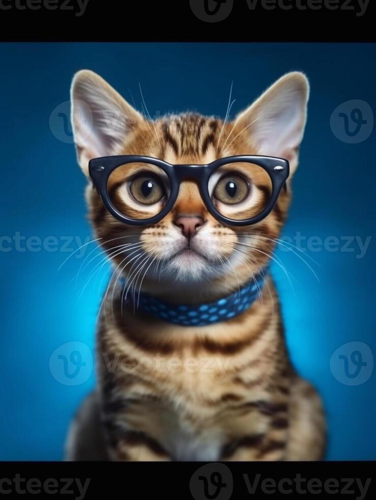 Bengal cat with glasses on blue background. photo