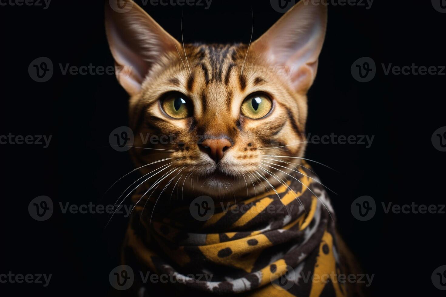 Portrait of a bengal cat in a scarf on a black background. Generative IA photo