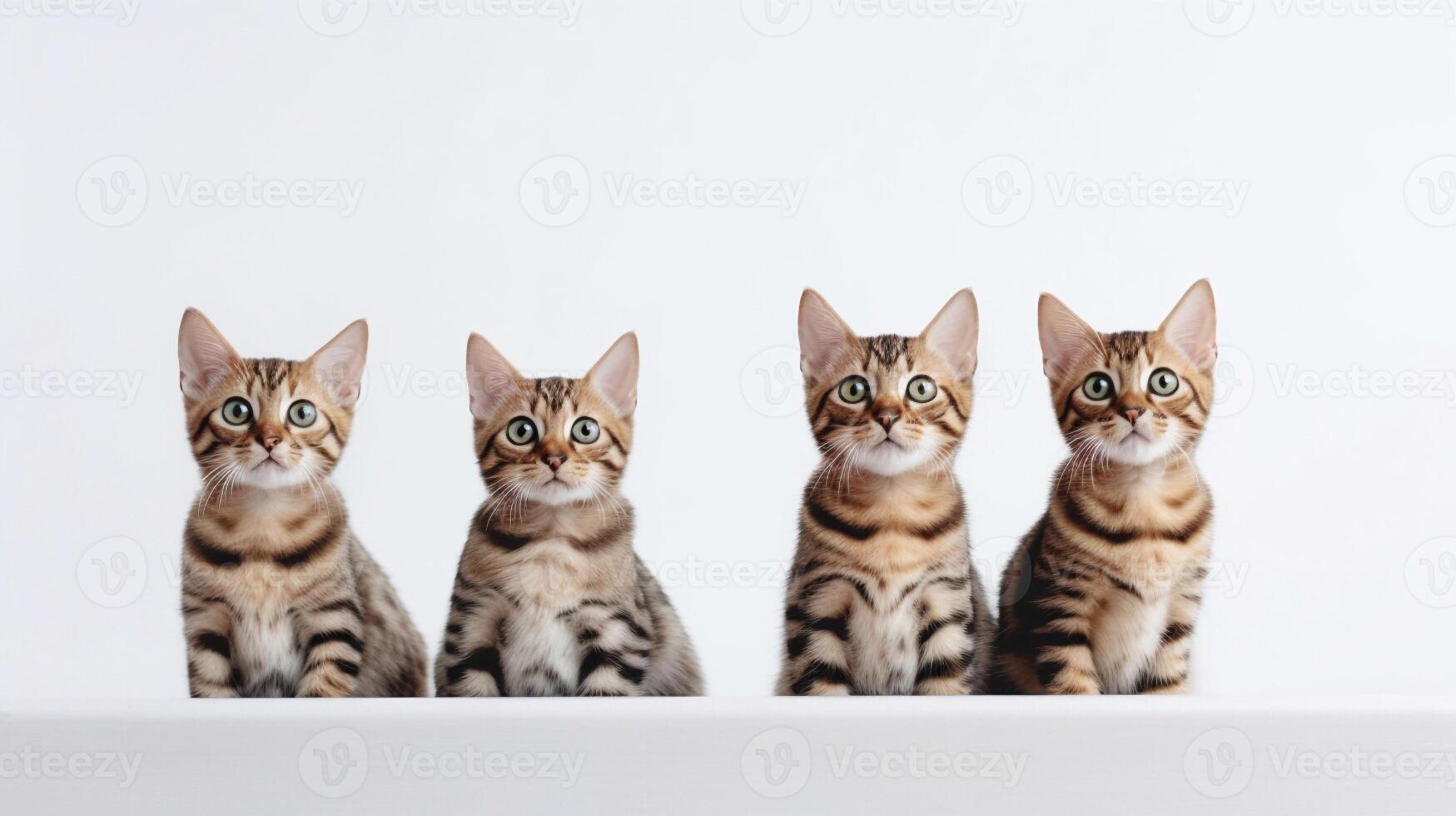 Three bengal kittens sitting in a row on a white background. photo