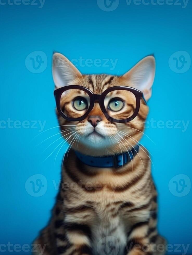 Bengal cat with glasses on blue background. photo