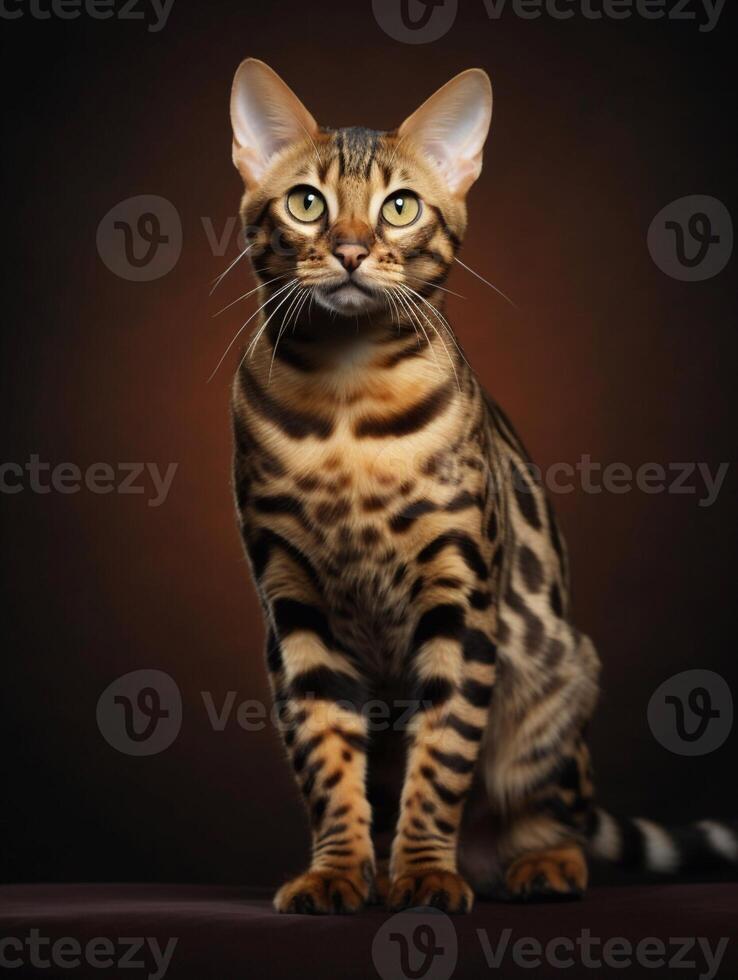 Studio photography of a bengal cat on colored backgrounds, spotlights. photo