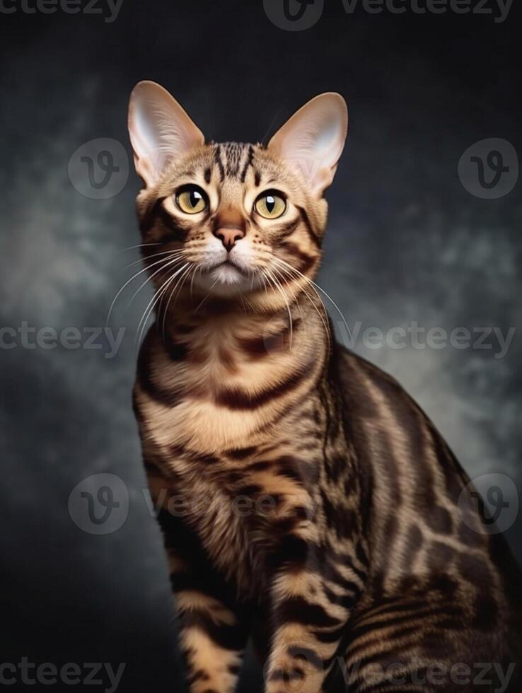 Studio photography of a bengal cat on colored backgrounds, spotlights. photo