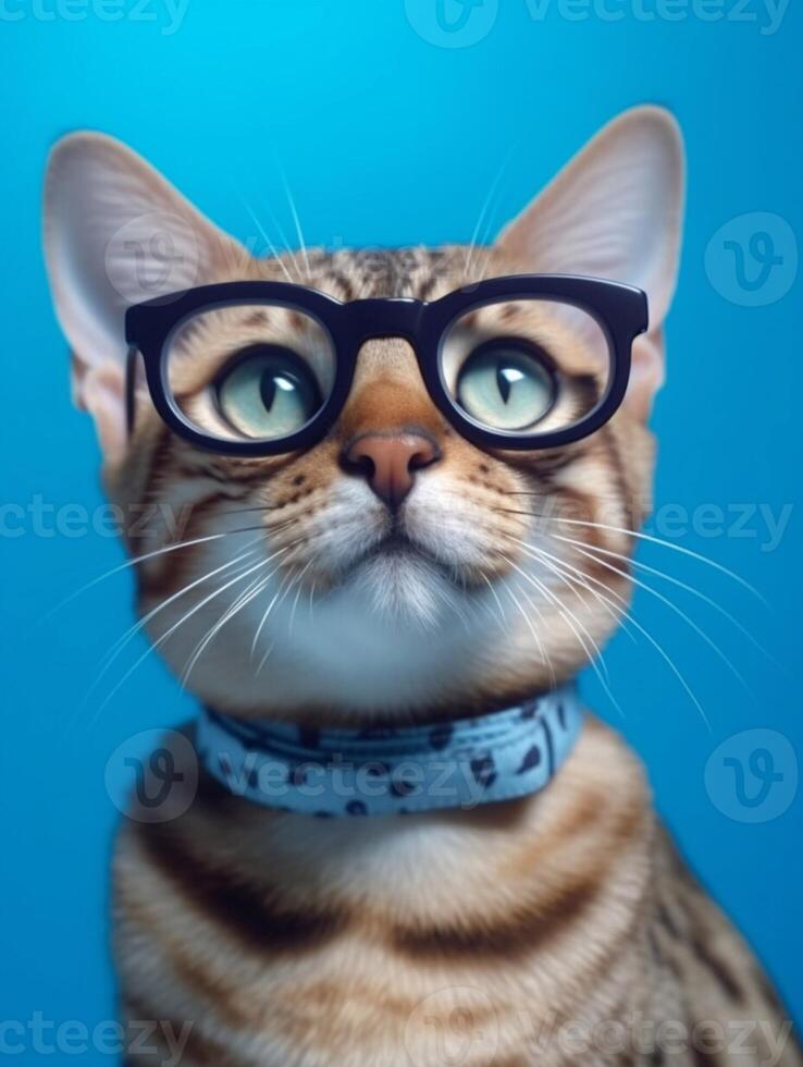 Bengal cat with glasses on blue background. photo