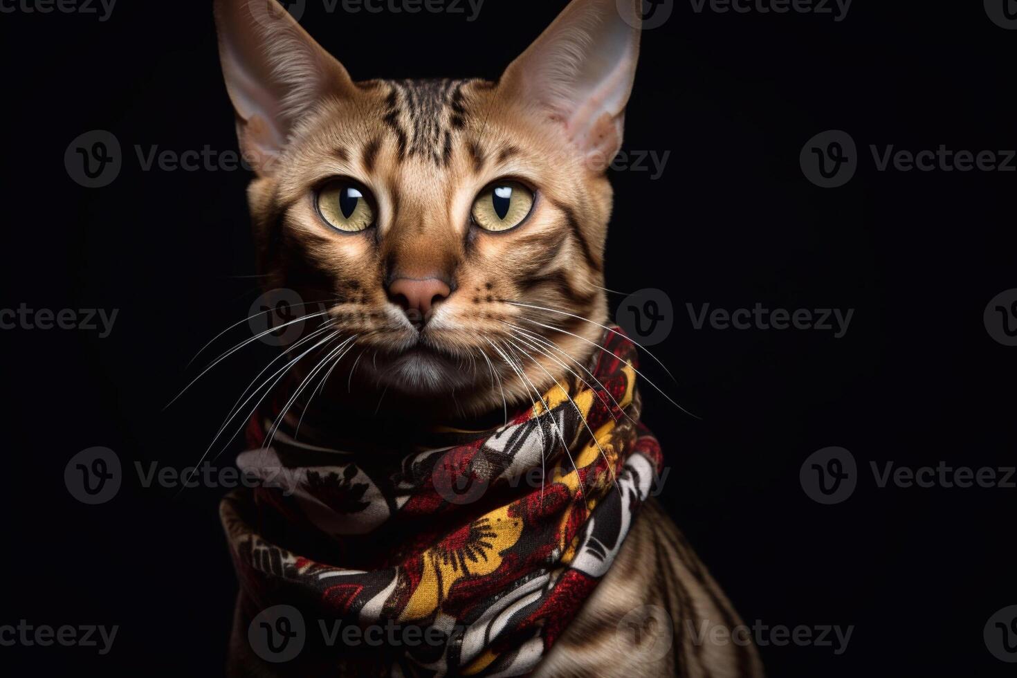 Portrait of a bengal cat in a scarf on a black background. Generative IA photo