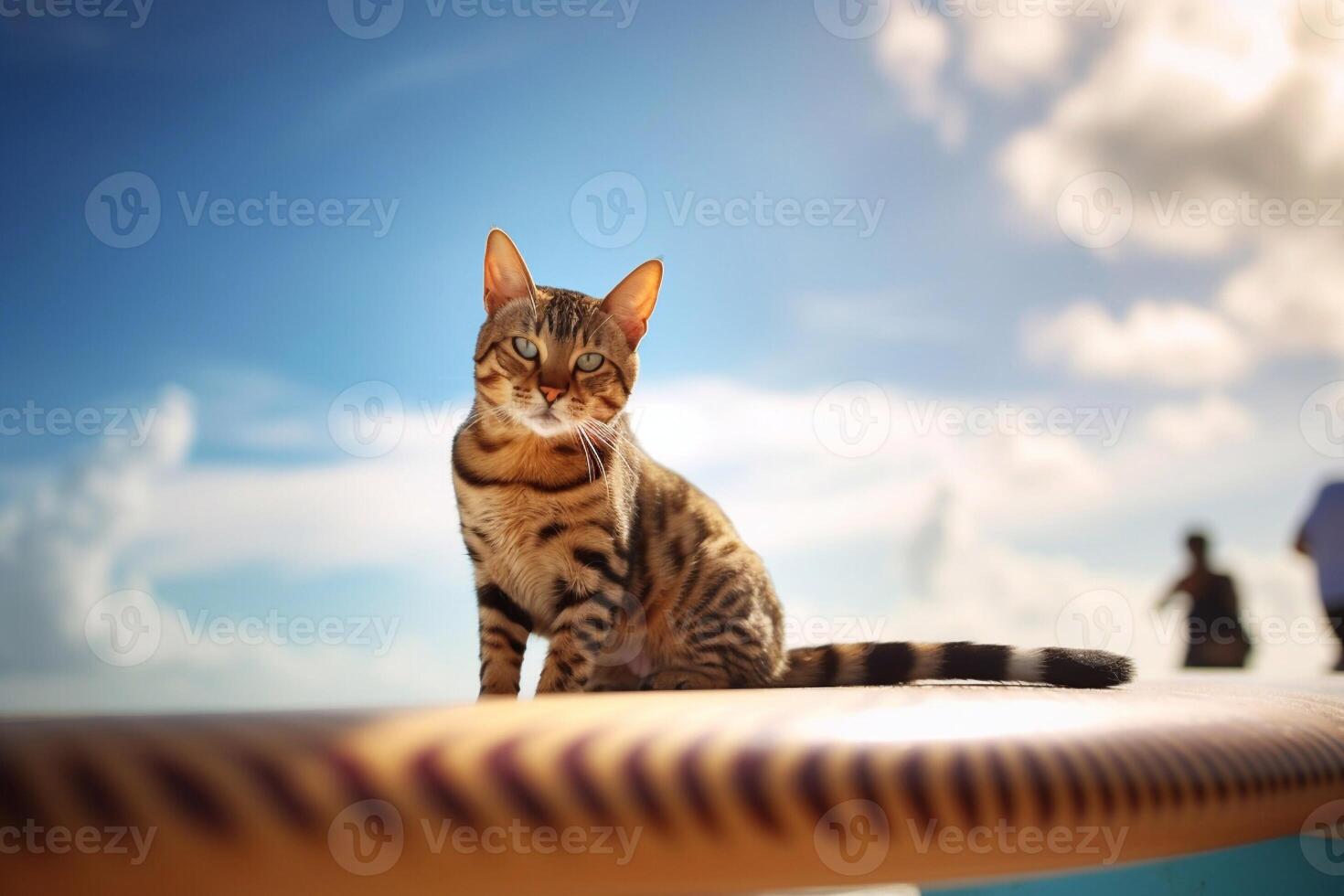 hermosa Bengala gato sentado en un tabla de surf por el mar. generativo ai foto