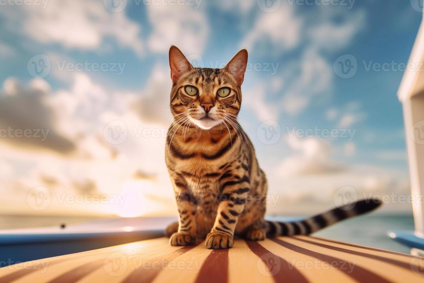 Beautiful bengal cat sitting on a surfboard by the sea. photo