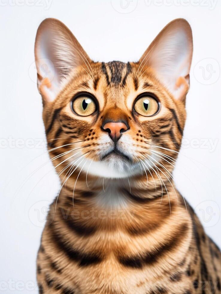 Close-up portrait of a bengal cat on white background. photo