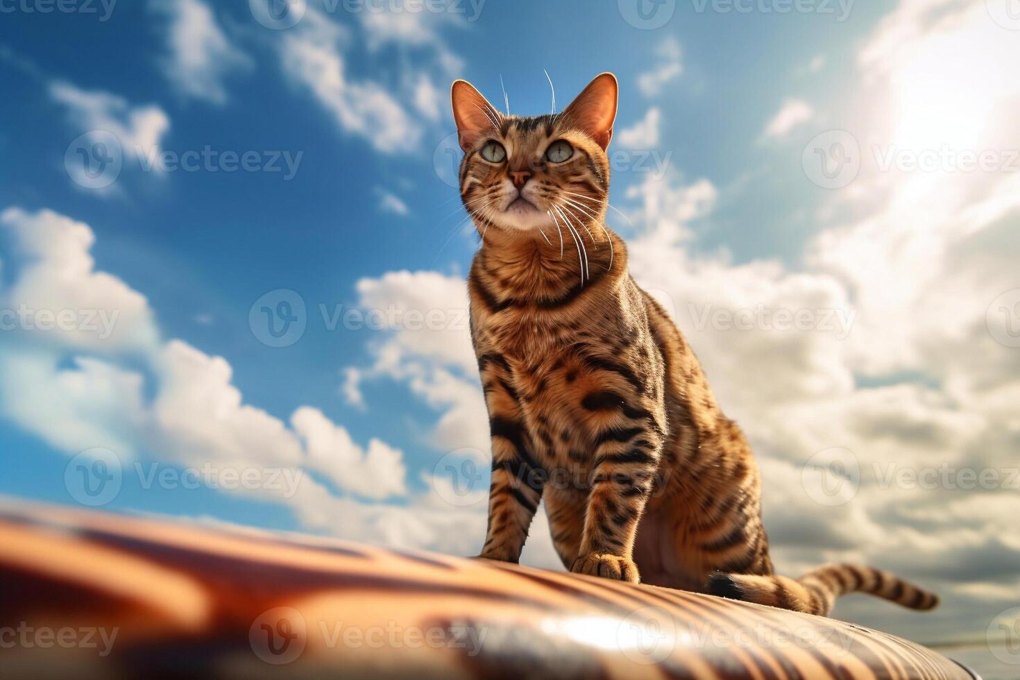Beautiful bengal cat sitting on a surfboard by the sea. photo