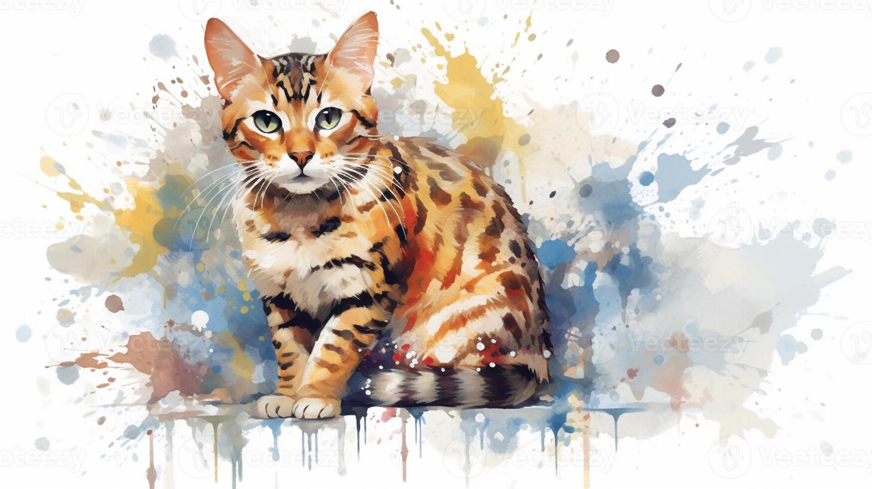 Bengal cat. Digital watercolor painting on white background. photo