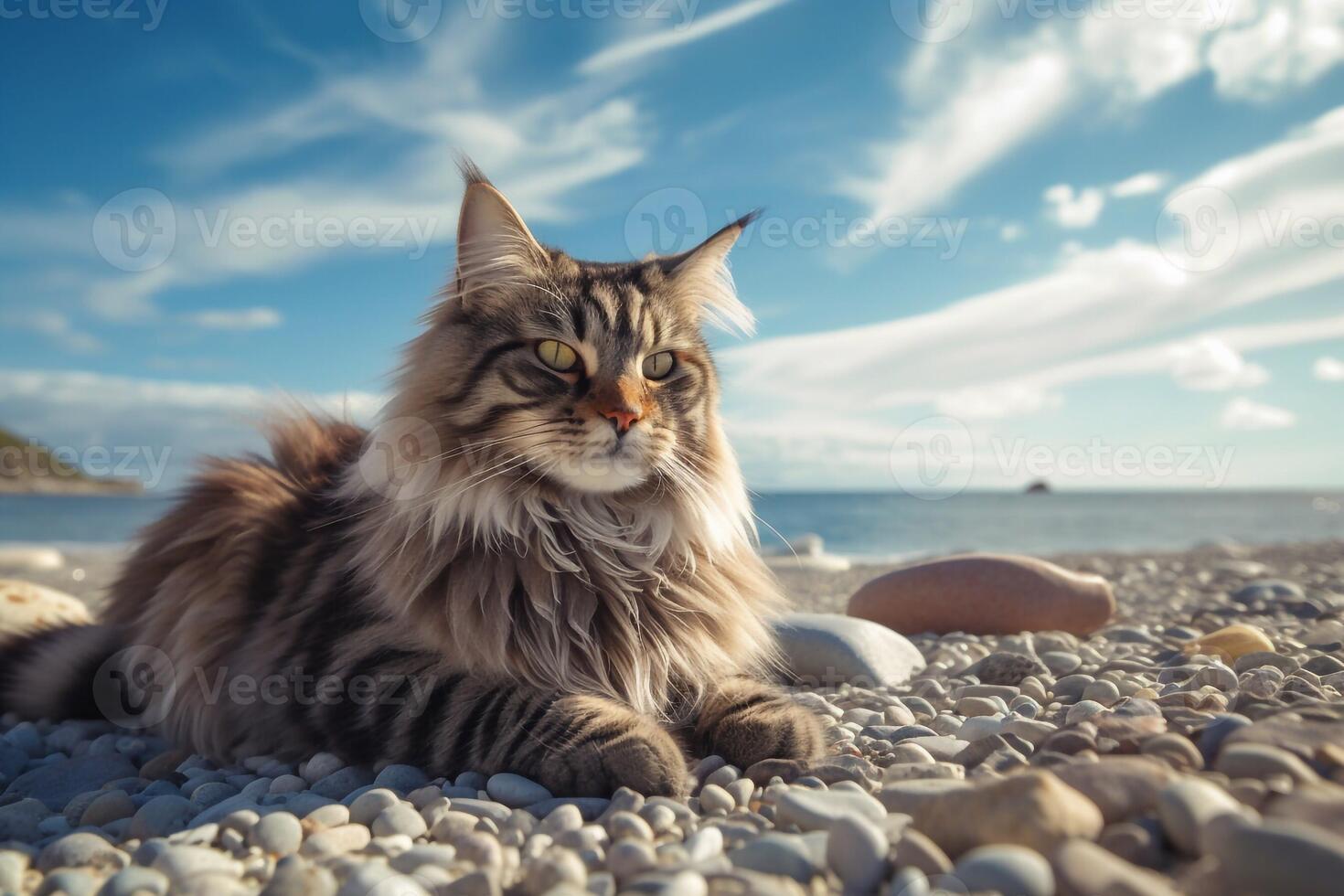 Maine Coon cat lying on the beach with blue sky background. photo