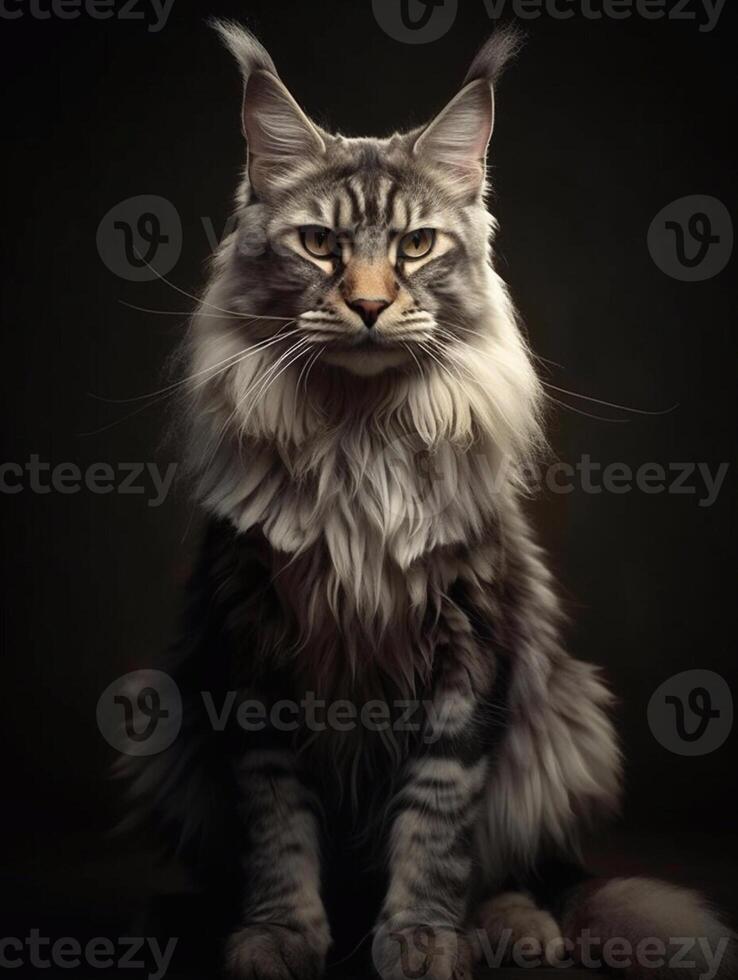 Portrait of a long-haired Maine Coon cat on dark background. photo