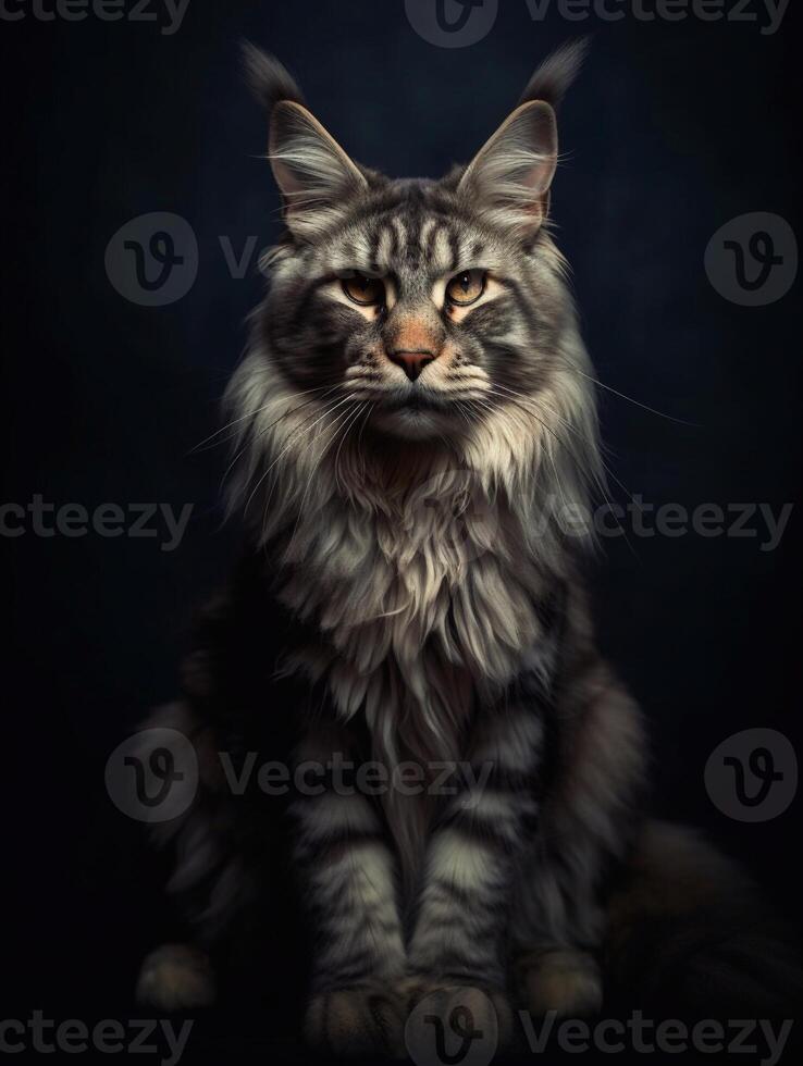 Portrait of a long-haired Maine Coon cat on dark background. photo
