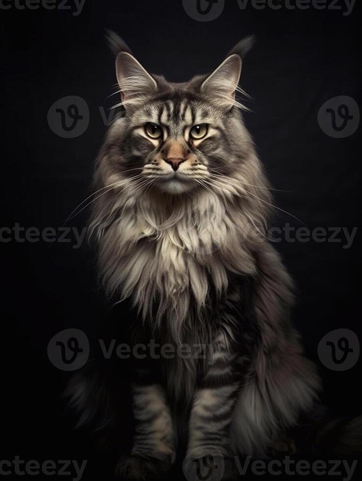 Portrait of a long-haired Maine Coon cat on dark background. photo