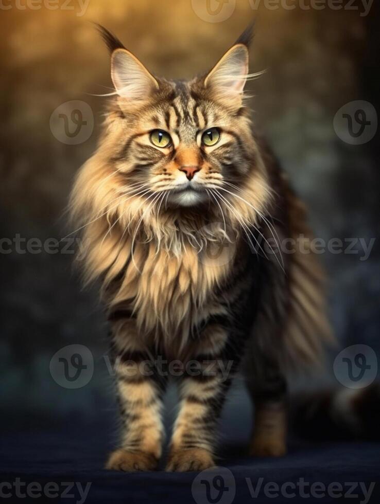 retrato de un de pelo largo Maine mapache gato en oscuro antecedentes. generativo ai foto