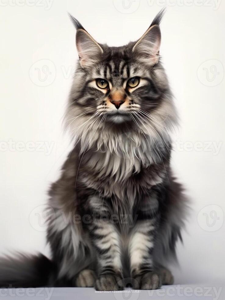 retrato de un de pelo largo Maine mapache gato en blanco antecedentes. generativo ai foto