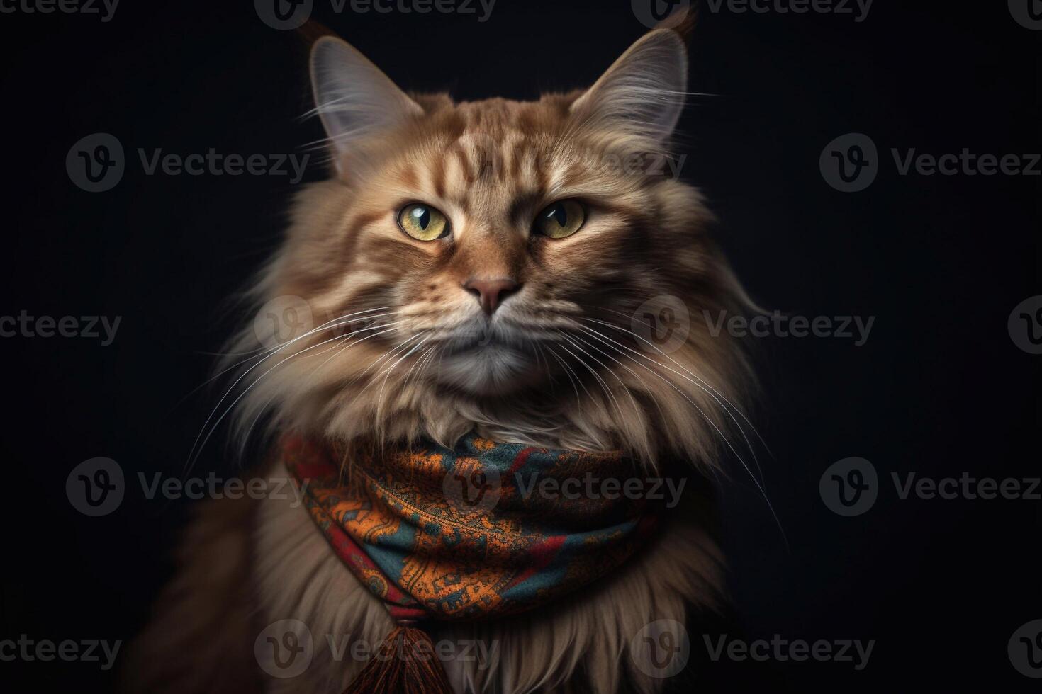 Portrait of Maine Coon cat wearing red scarf on black background. photo