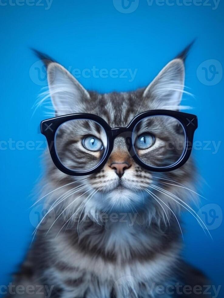 Ginger Maine coon cat wearing eyeglasses on blue background. photo