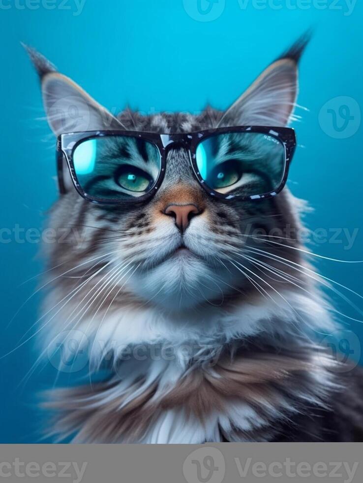 Ginger Maine coon cat wearing eyeglasses on blue background. photo