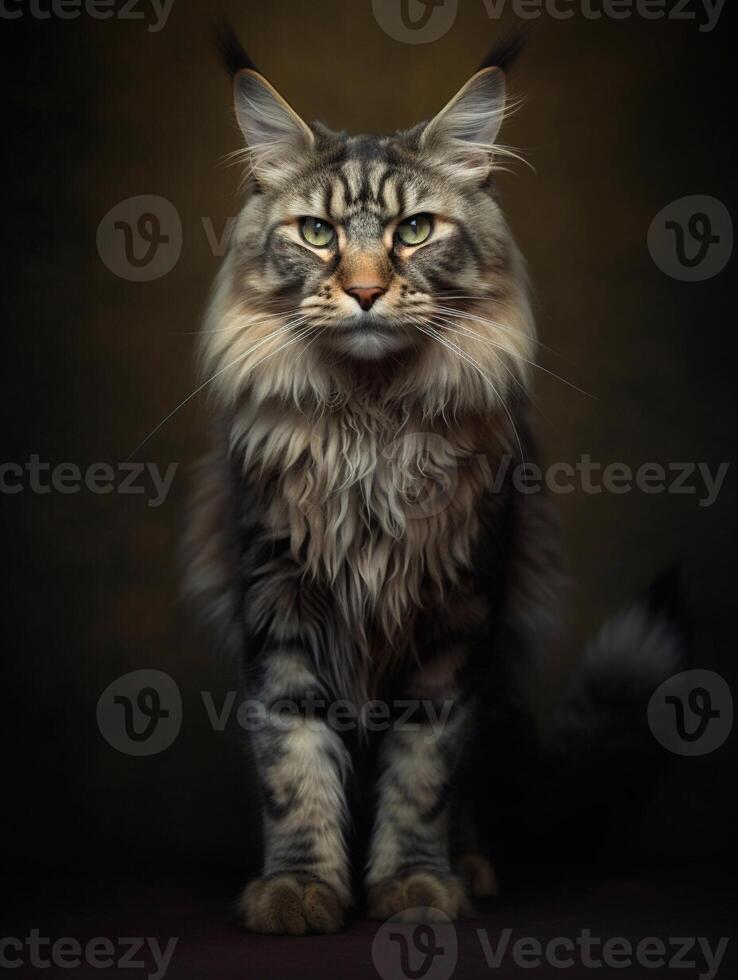 Portrait of a long-haired Maine Coon cat on dark background. photo