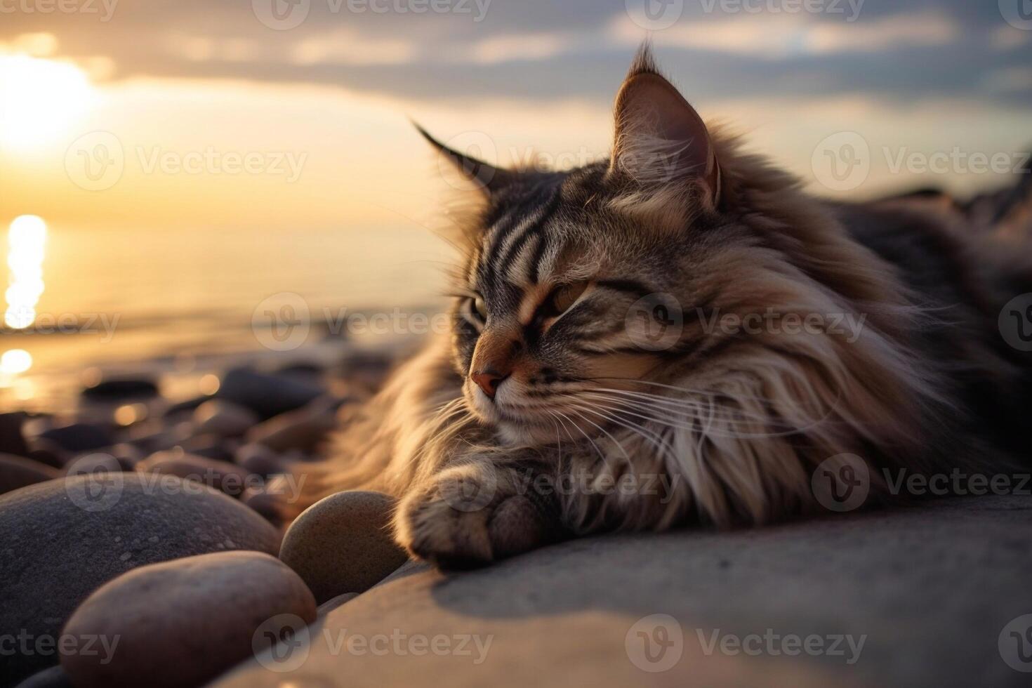 Beautiful Maine Coon cat on the seashore at sunset. photo